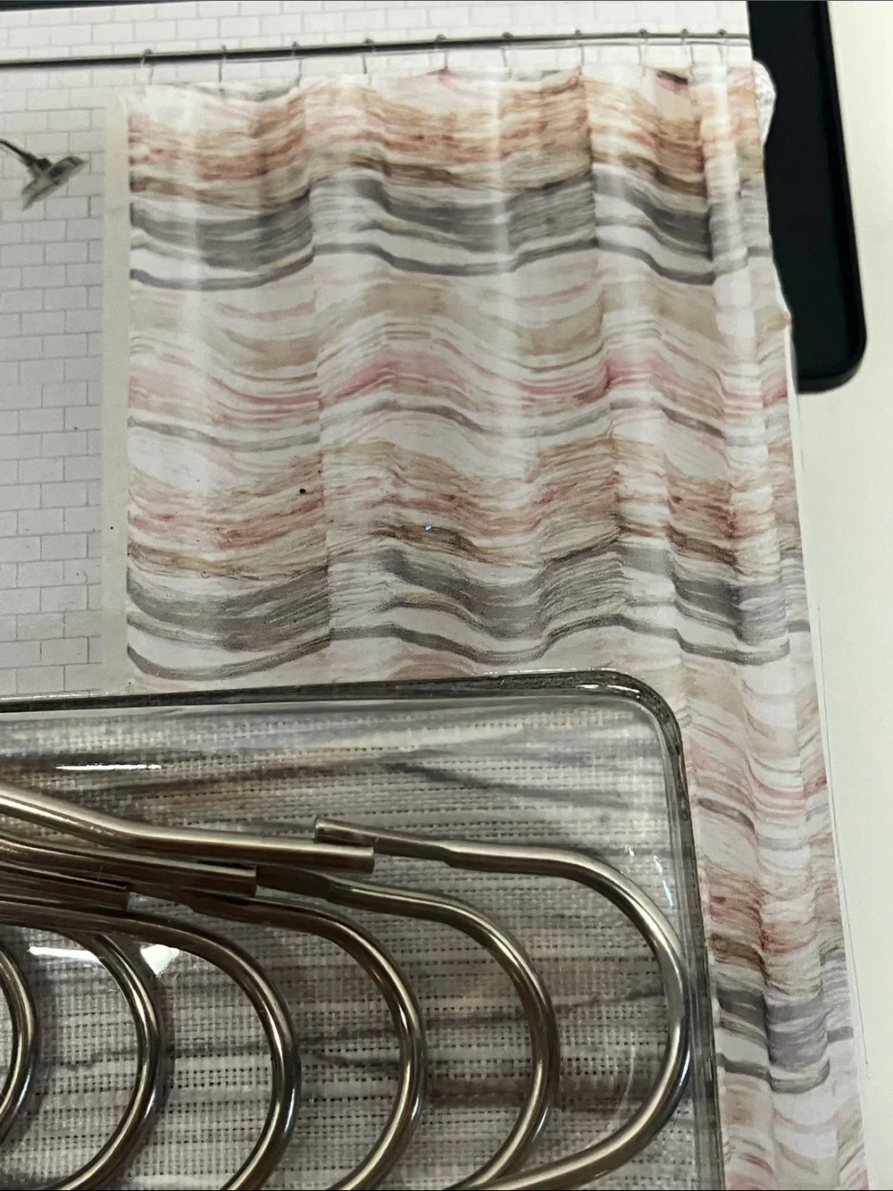 Mainstays Shower Curtain Set in Beige, Pink & White with Silver Hooks